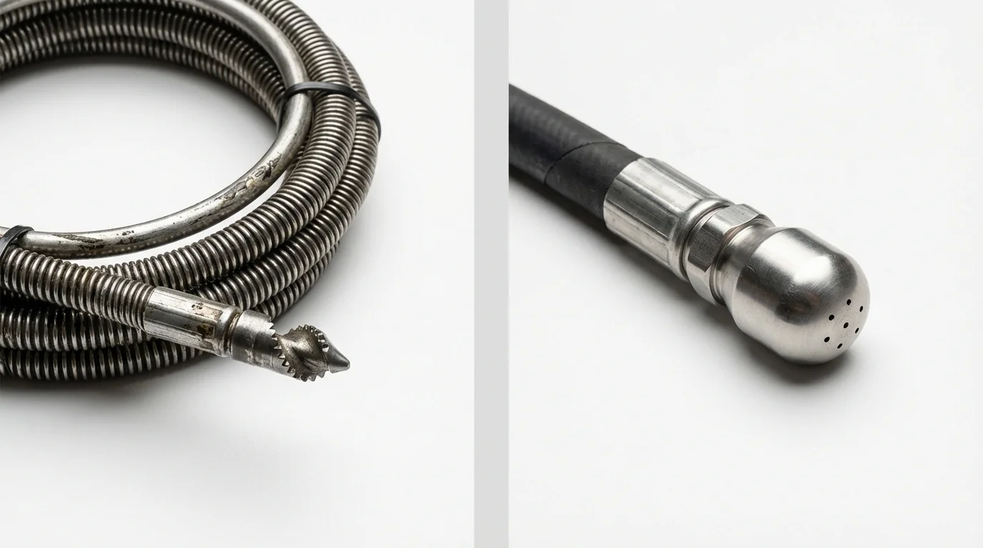 Drain snake cable and hydro jetting nozzle used for drain cleaning in Yorktown, TX