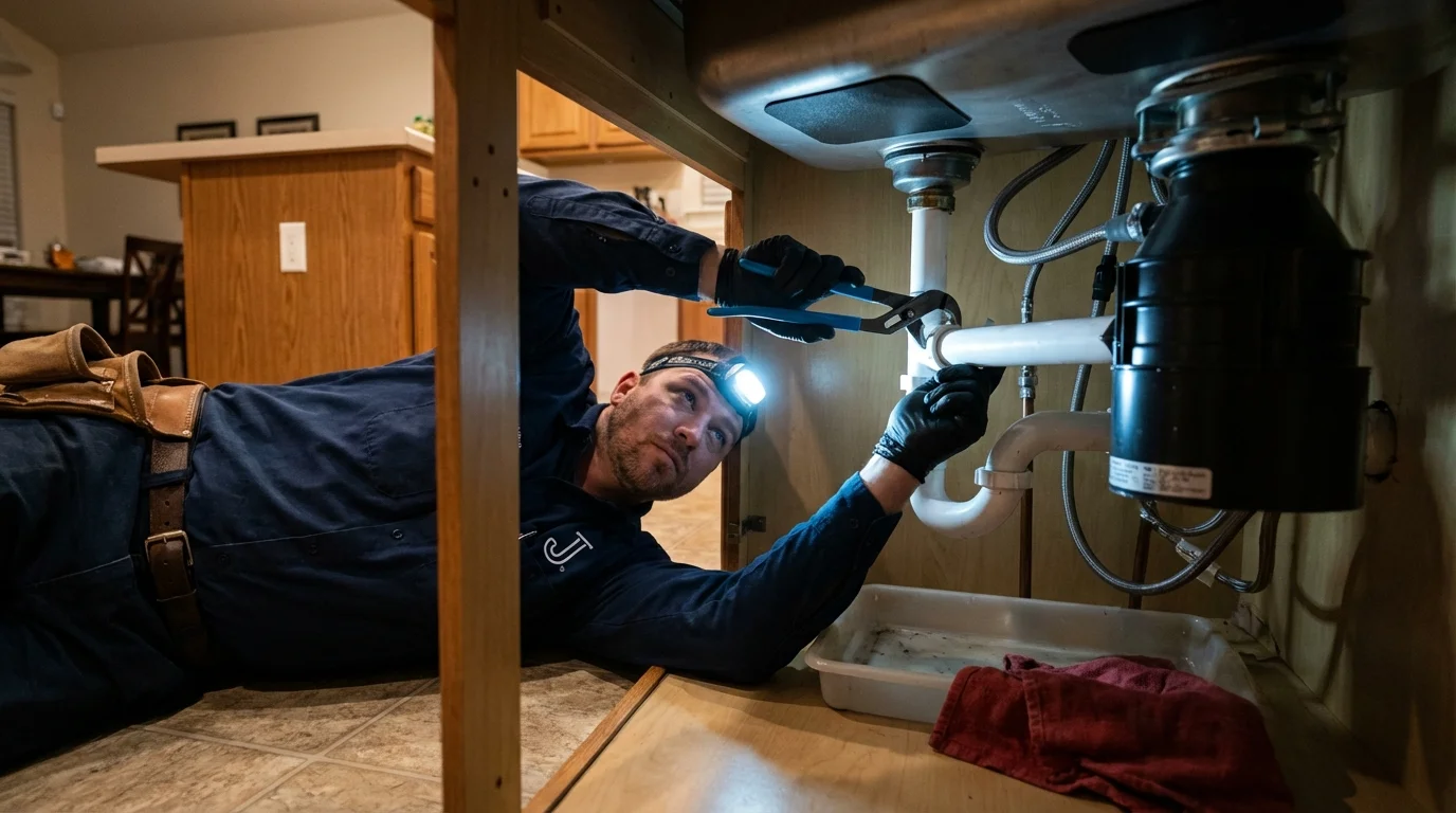 P-trap and supply line connections under a kitchen sink showing a common leak point in Yorktown, TX
